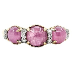 Three-Stone Star Sapphire & Diamond Ring in 14k Yellow Gold