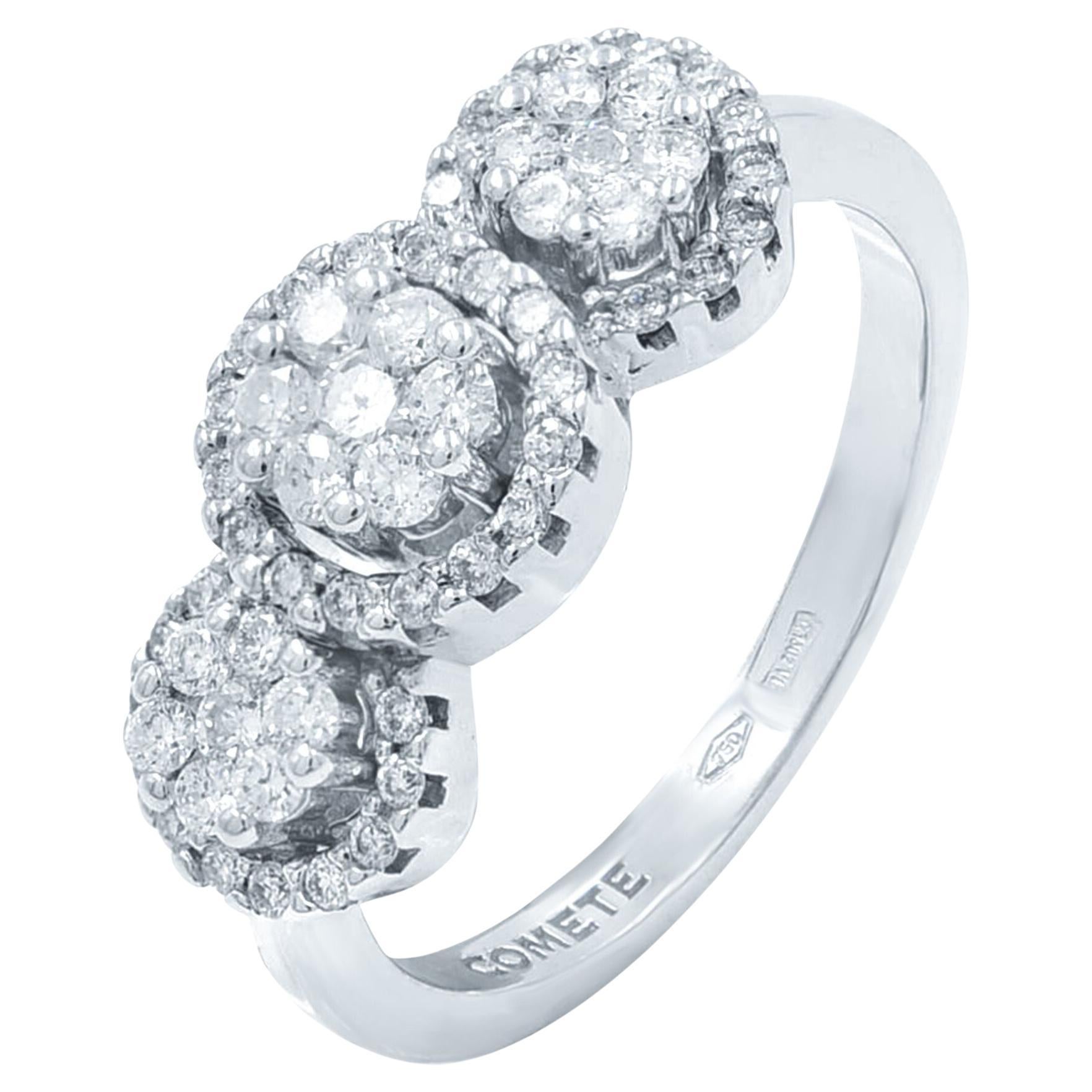 Three Stone Style Cluster Diamond Ring 18K White Gold 0.51cttw For Sale