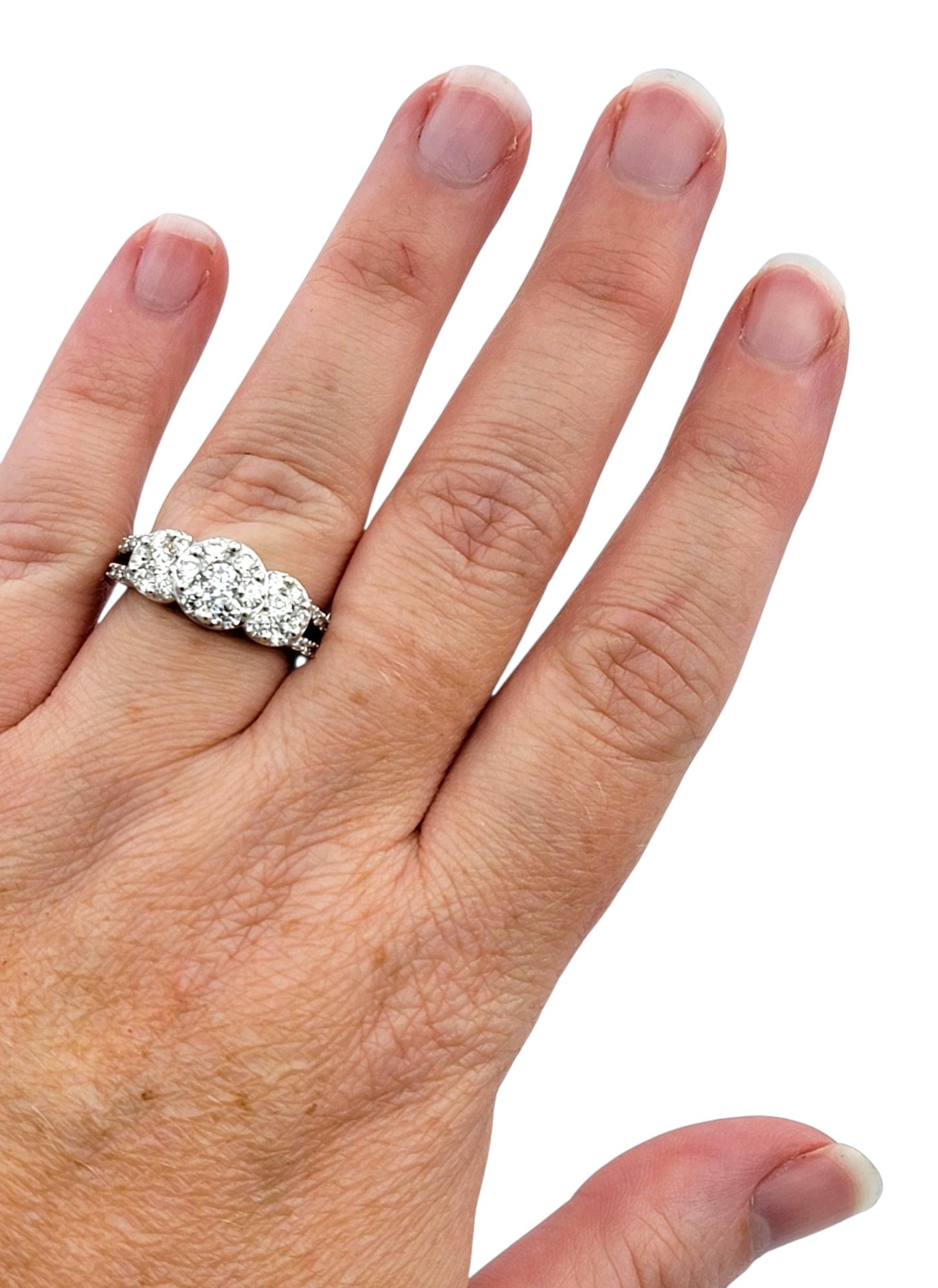Three Stone Style Round Cut Diamond Cluster Engagement Ring 18 Karat White Gold For Sale 6