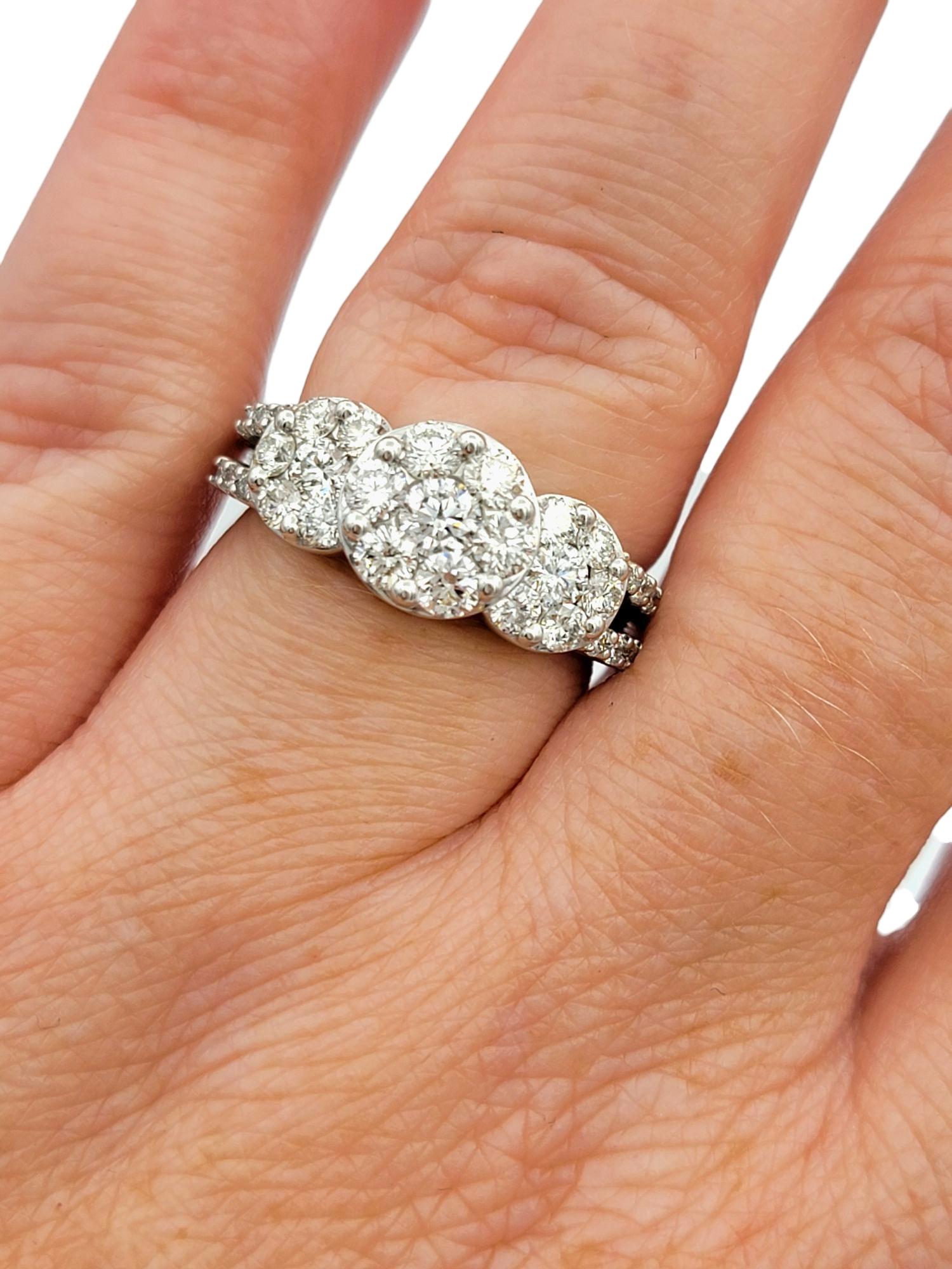 Three Stone Style Round Cut Diamond Cluster Engagement Ring 18 Karat White Gold For Sale 7