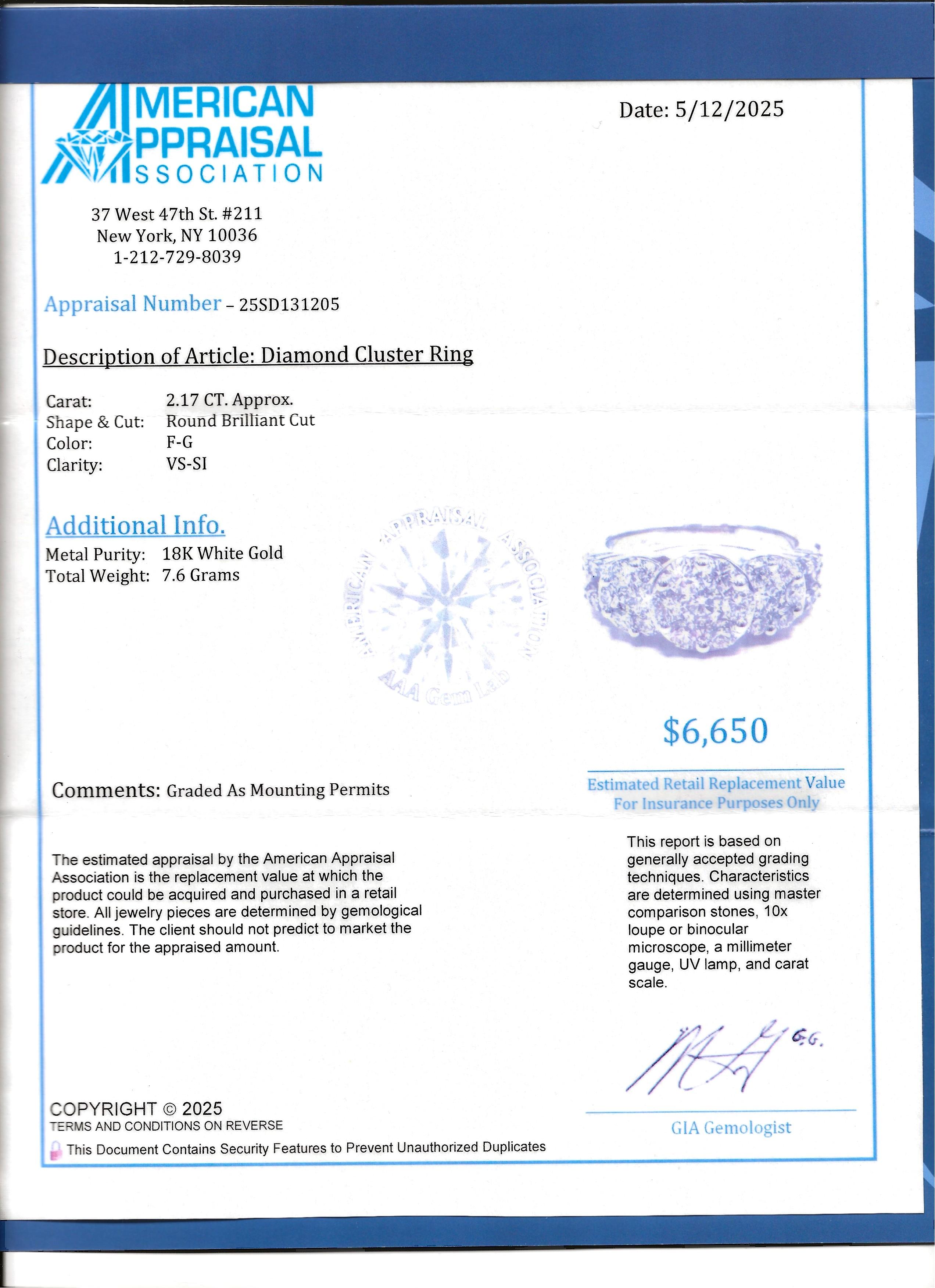Three Stone Style Round Cut Diamond Cluster Engagement Ring 18 Karat White Gold For Sale 10