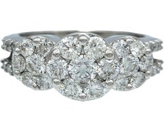 Three Stone Style Round Cut Diamond Cluster Engagement Ring 18 Karat White Gold