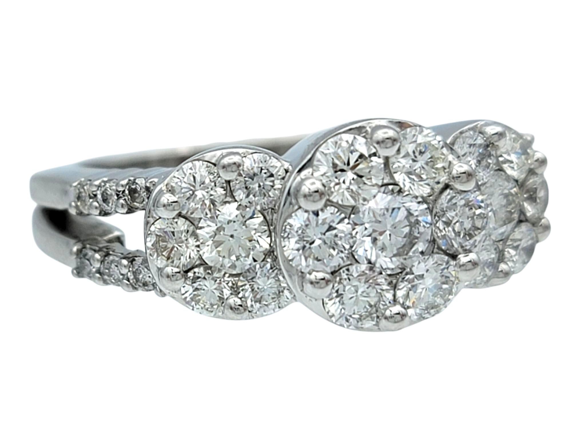 Contemporary Three Stone Style Round Cut Diamond Cluster Engagement Ring 18 Karat White Gold For Sale