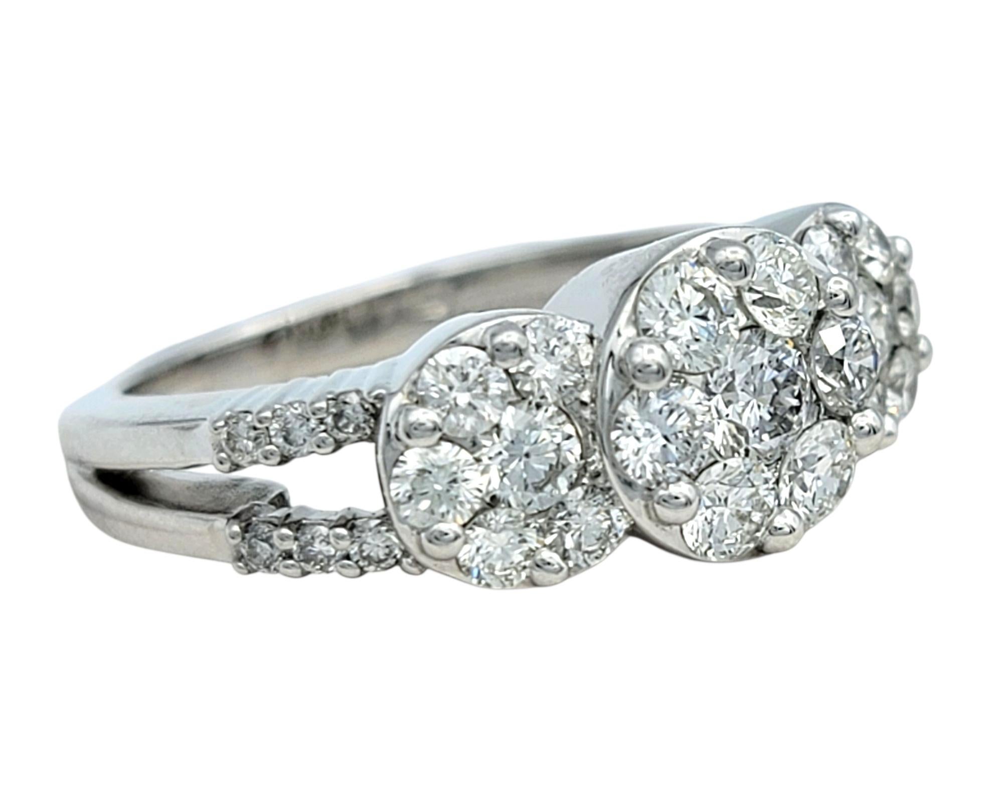 Three Stone Style Round Cut Diamond Cluster Engagement Ring 18 Karat White Gold In Good Condition For Sale In Scottsdale, AZ