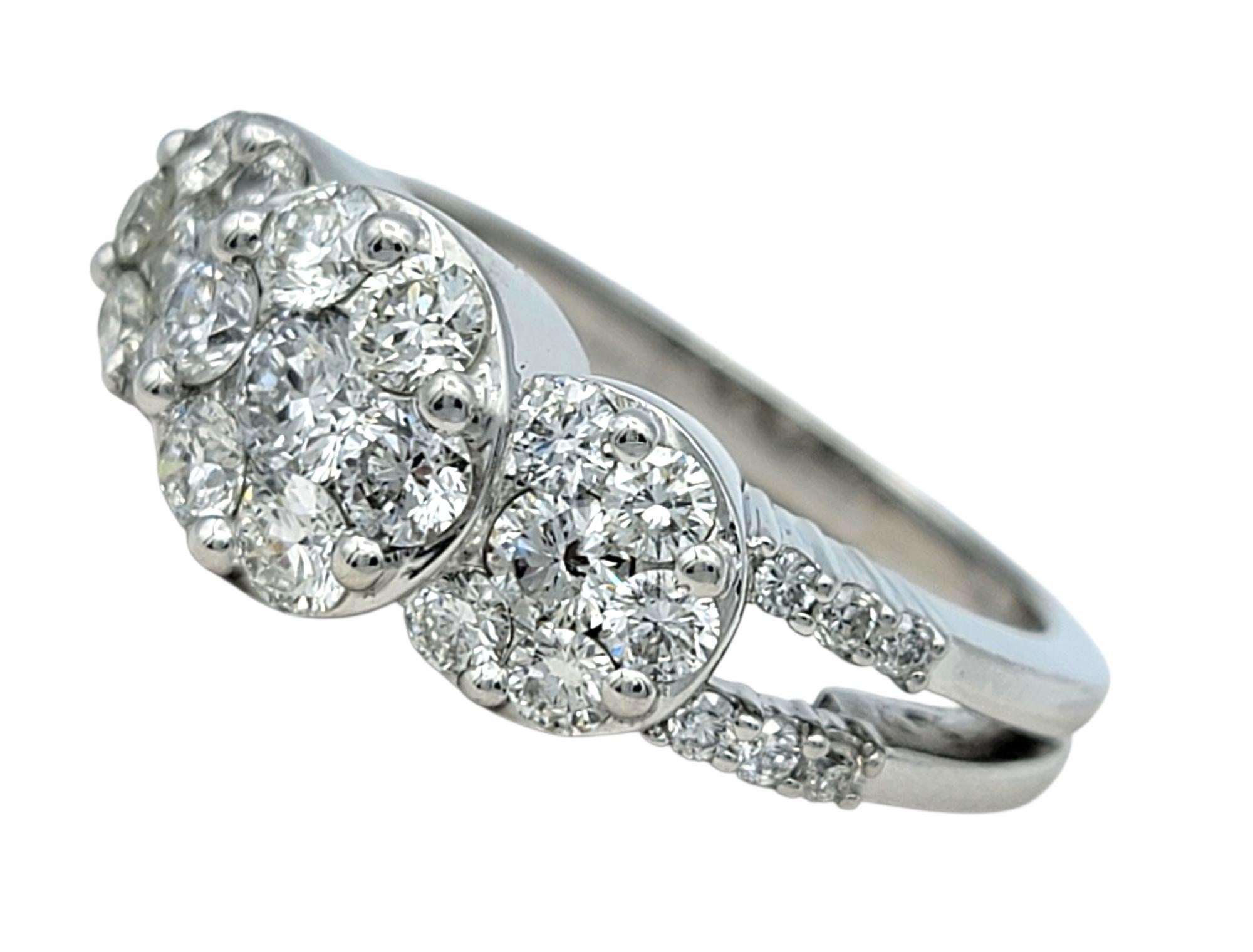 Women's Three Stone Style Round Cut Diamond Cluster Engagement Ring 18 Karat White Gold For Sale