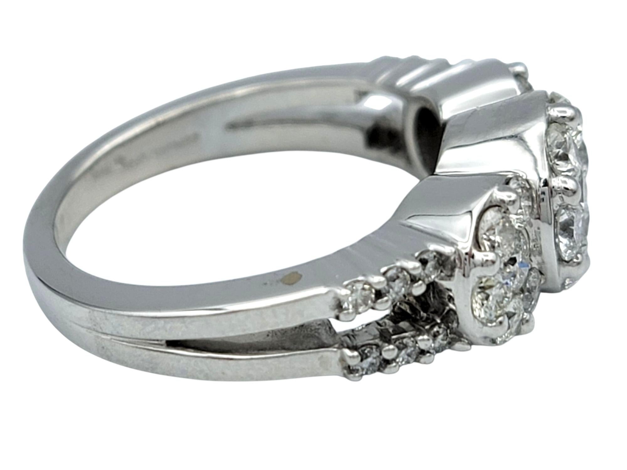 Three Stone Style Round Cut Diamond Cluster Engagement Ring 18 Karat White Gold For Sale 2