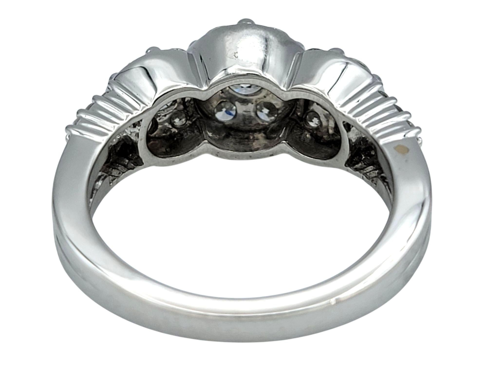 Three Stone Style Round Cut Diamond Cluster Engagement Ring 18 Karat White Gold For Sale 3