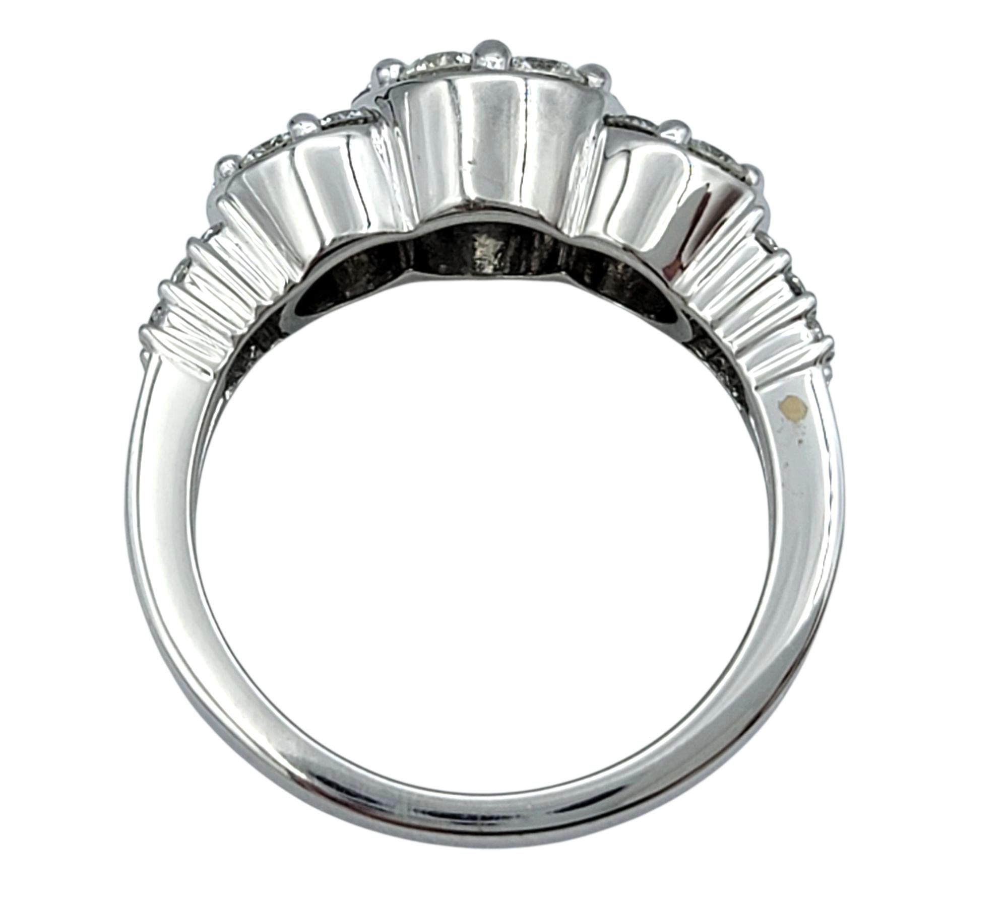 Three Stone Style Round Cut Diamond Cluster Engagement Ring 18 Karat White Gold For Sale 4