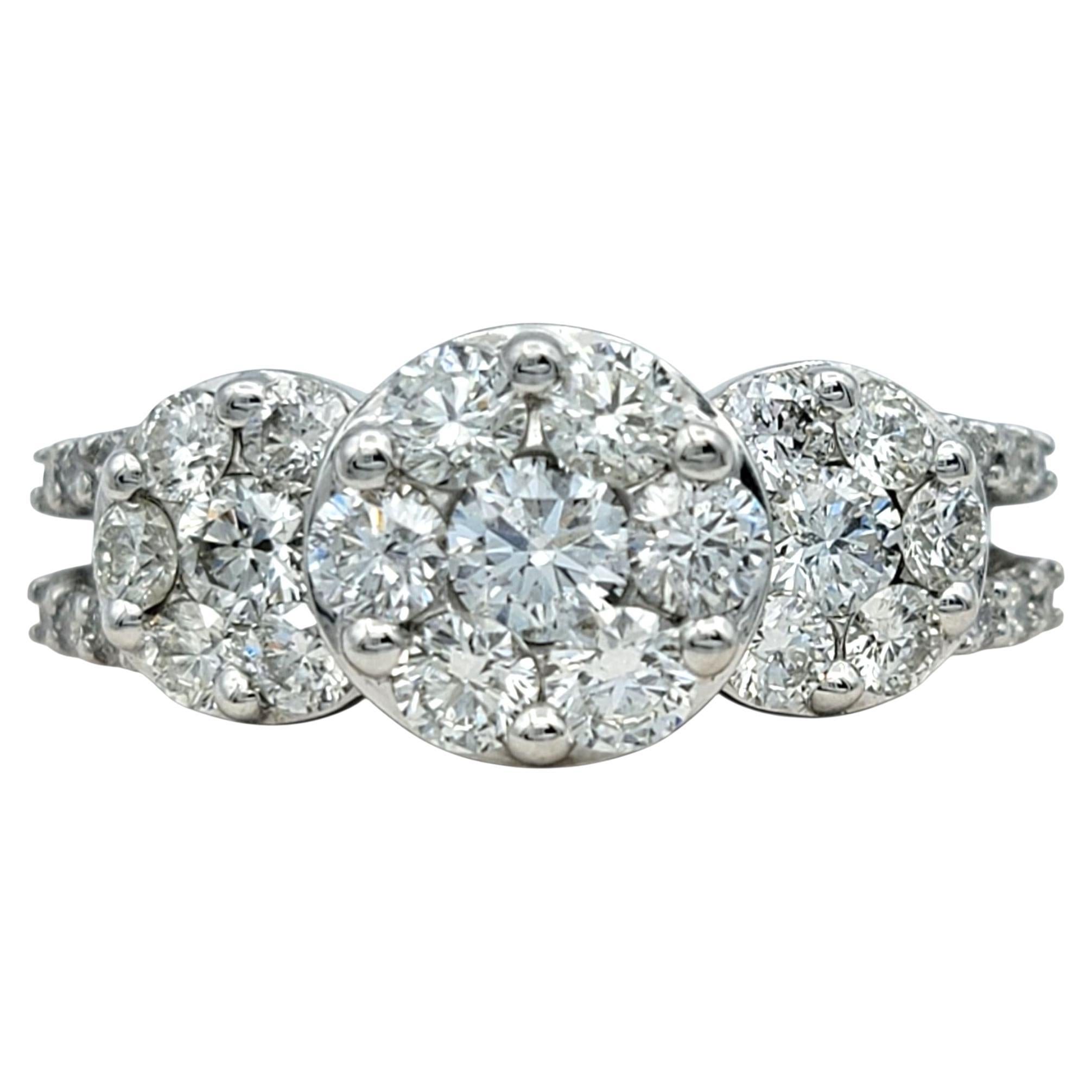 Three Stone Style Round Cut Diamond Cluster Engagement Ring 18 Karat White Gold For Sale
