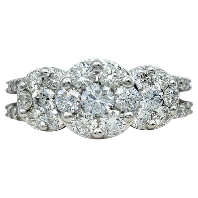 Round Diamond Floral Cluster Three Stone Halo Ring Set in 14k White ...