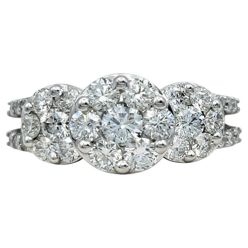 Round Diamond Floral Cluster Three Stone Halo Ring Set in 14k White ...