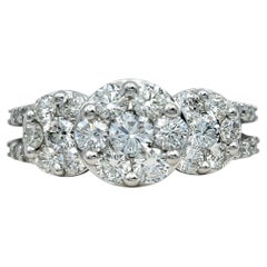 Three Stone Style Round Cut Diamond Cluster Engagement Ring 18 Karat White Gold
