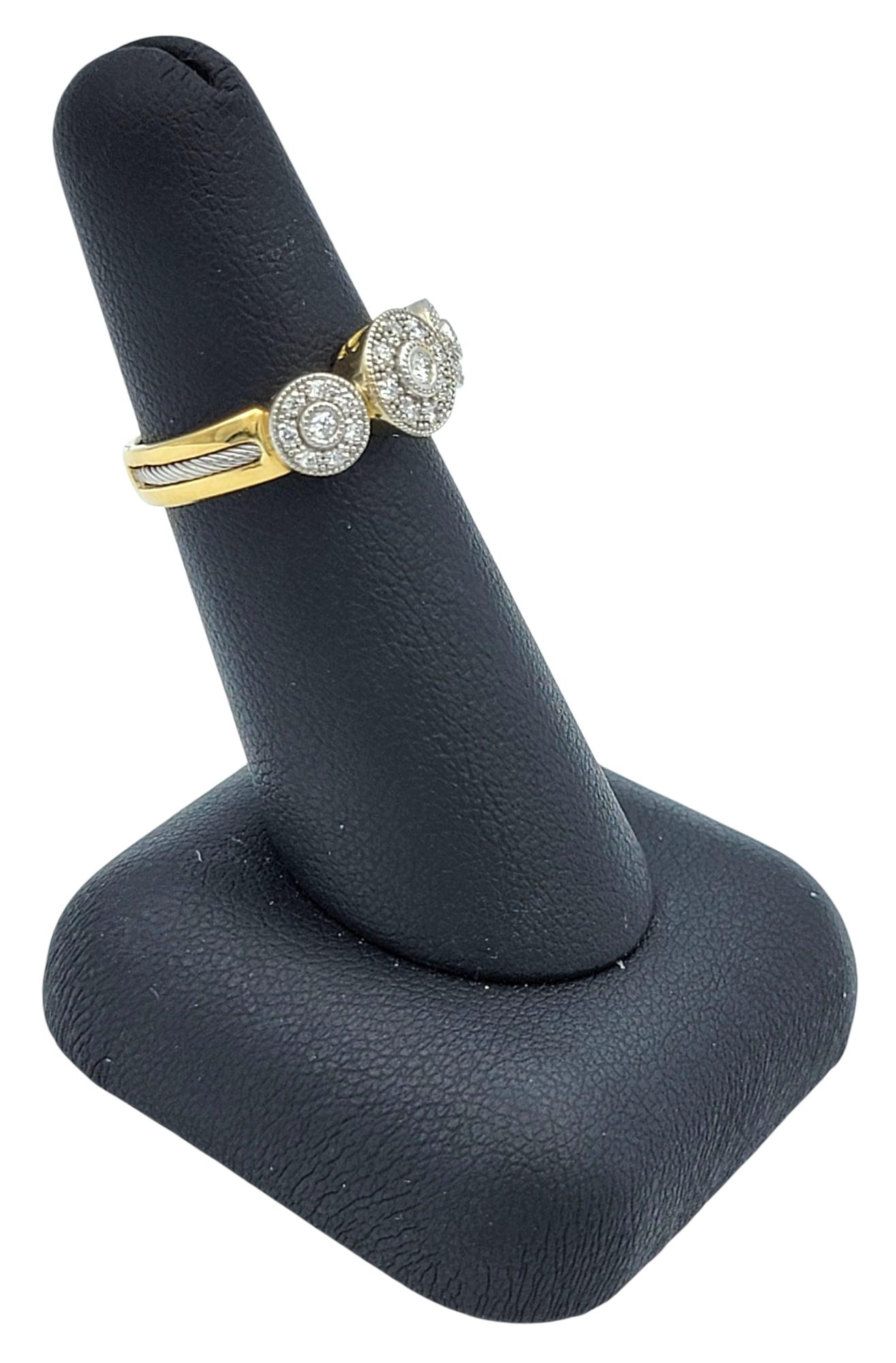Runder Pavé-Diamant-Halo-Ring mit drei Steinen in zweifarbigem 18 Karat Gold im Angebot 6
