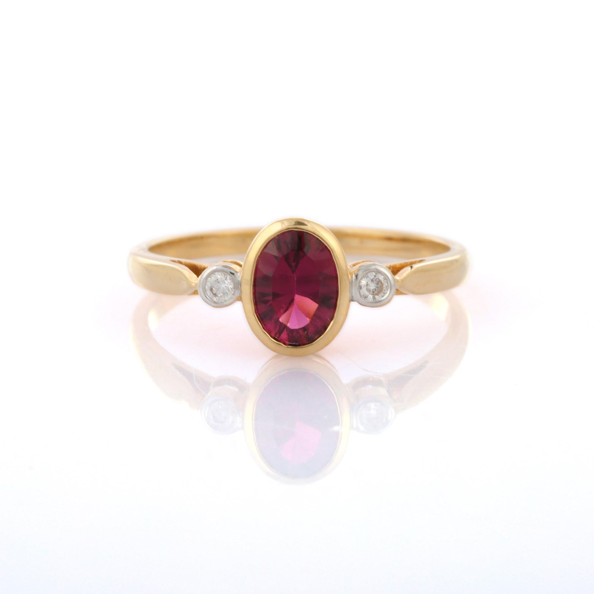 For Sale:  Three Stone Tourmaline Ring with Diamond in 18K Solid Yellow Gold 8