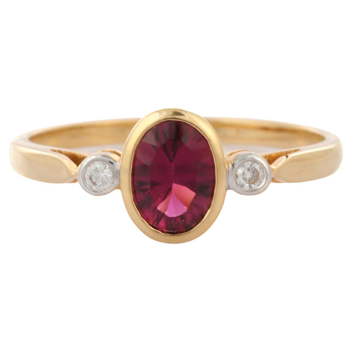 Three Stone Tourmaline Ring with Diamond in 18K Solid Yellow Gold