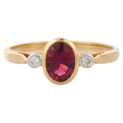 Three Stone Tourmaline Ring with Diamond in 18K Solid Yellow Gold