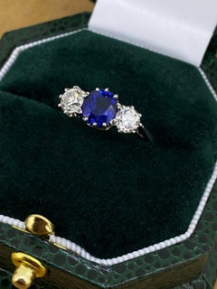 Three-Stone (Trinity) 1.20ct Ceylon Sapphire & Old-Cut Diamond Platinum Ring