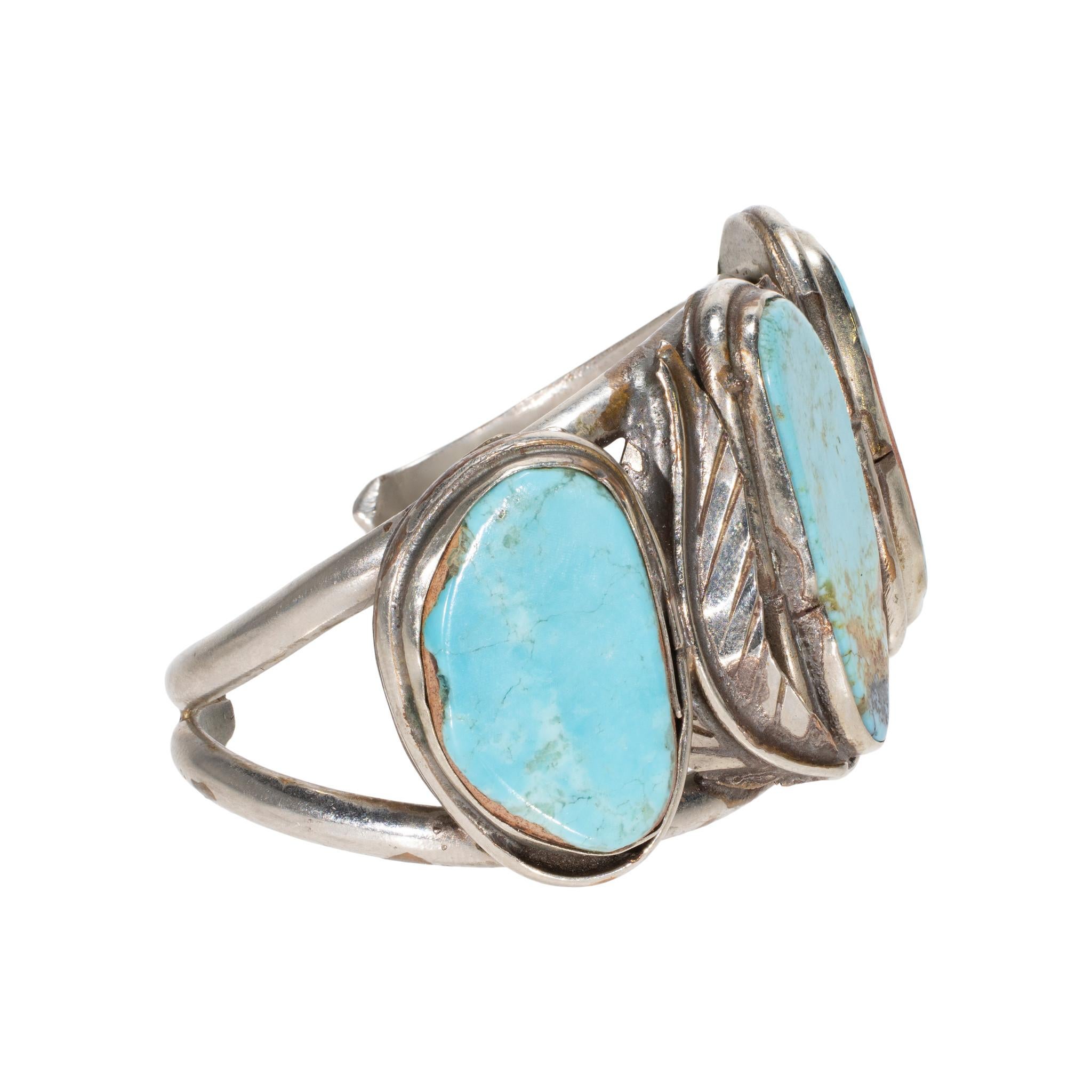 Bracciale a tre pietre di turchese e argento sterling In condizioni buone in vendita a Coeur d Alene, ID