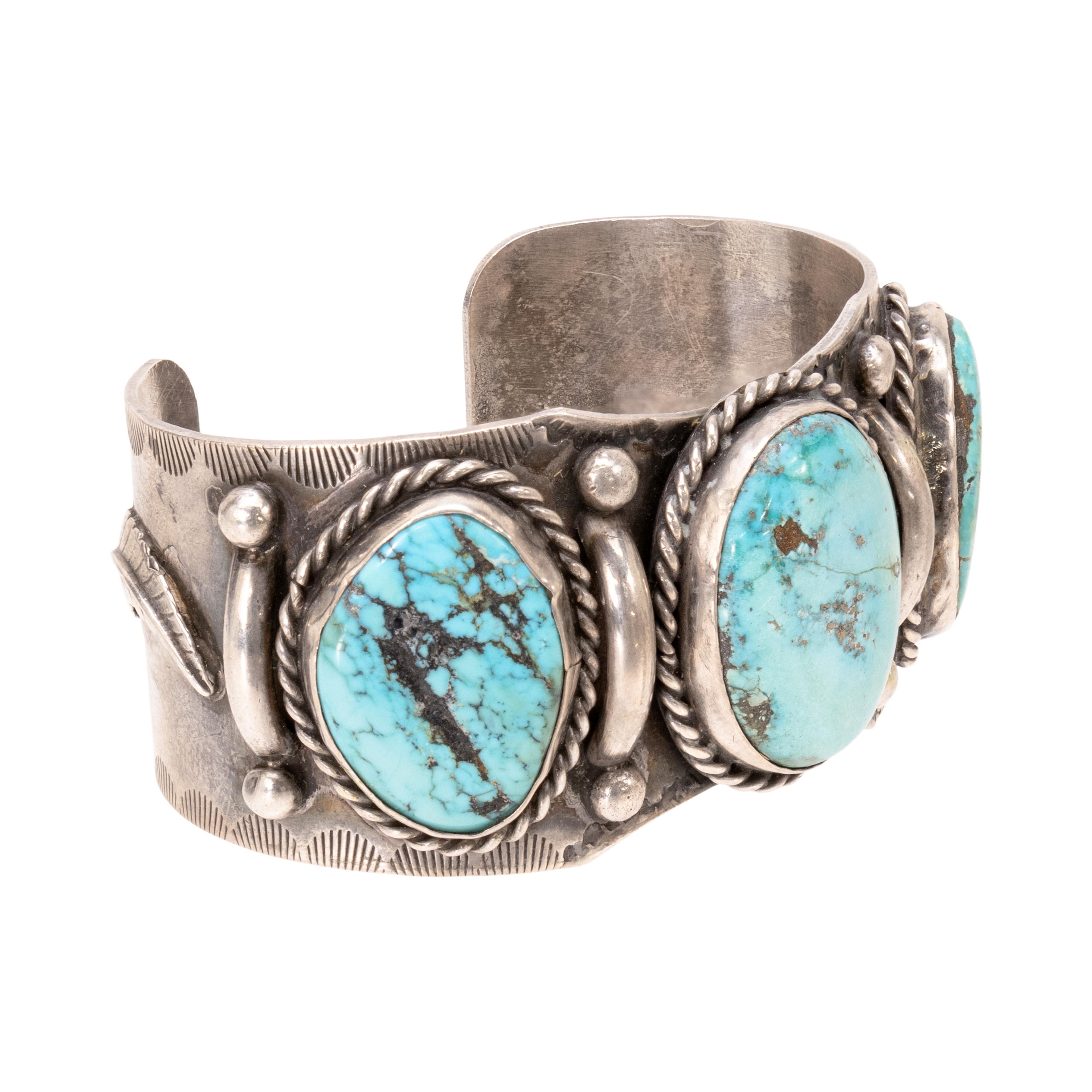 Bracciale a tre pietre di turchese e argento sterling In condizioni buone in vendita a Coeur d Alene, ID