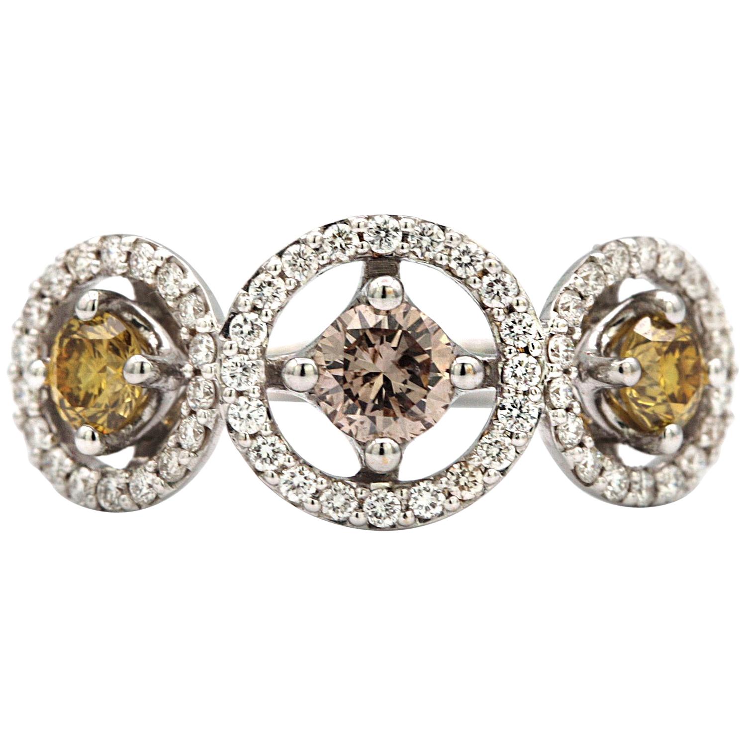 Three-Stone Yellow and Pink Diamond 18 Karat White Gold Ring For Sale