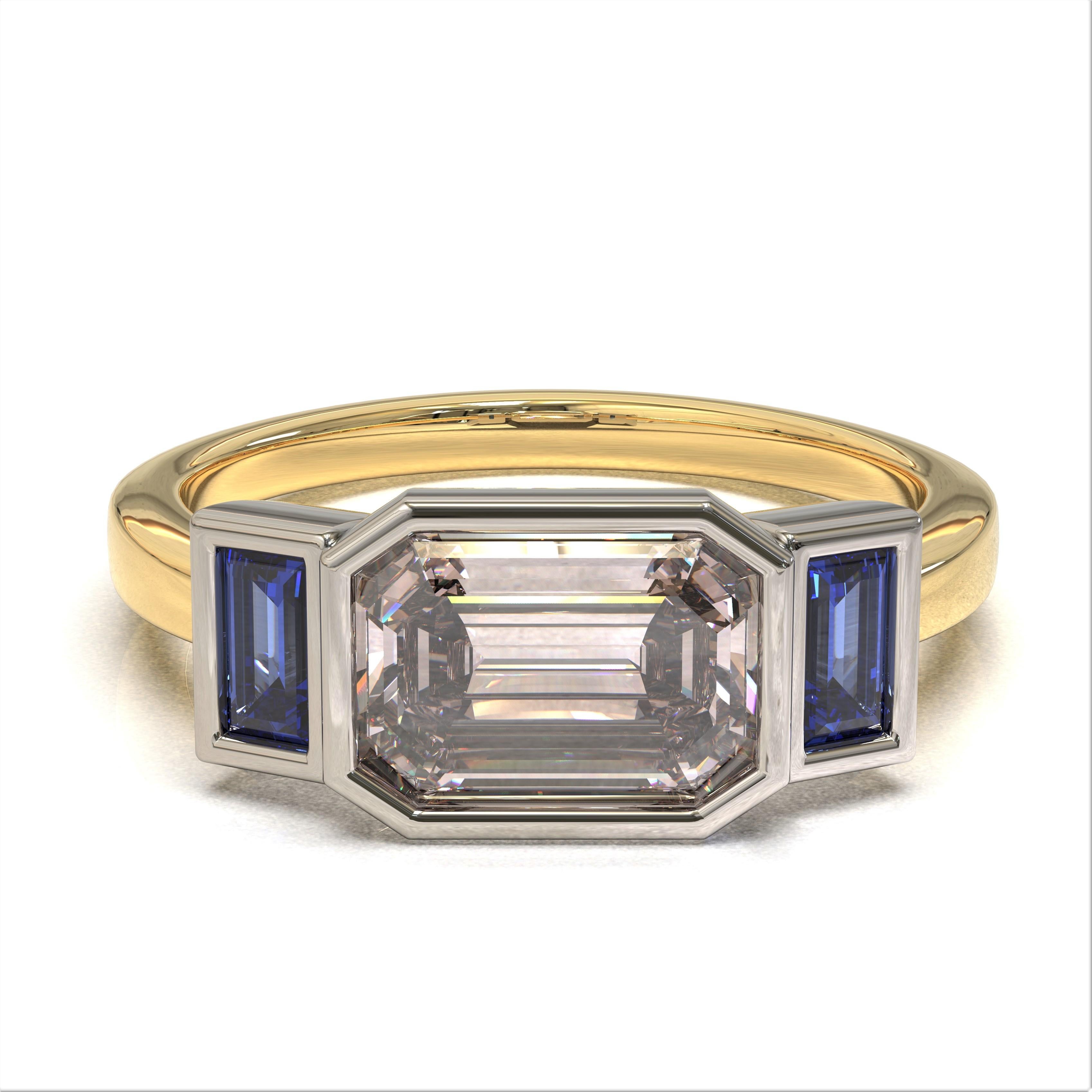 Natural Peach Sapphire & Baguettes sapphire Ring

Beautiful and understated, this platinum and 18 carat yellow gold ring is set with an attractive emerald cut untreated peach sapphire with a finest rectangular baguette cut blue sapphire on either
