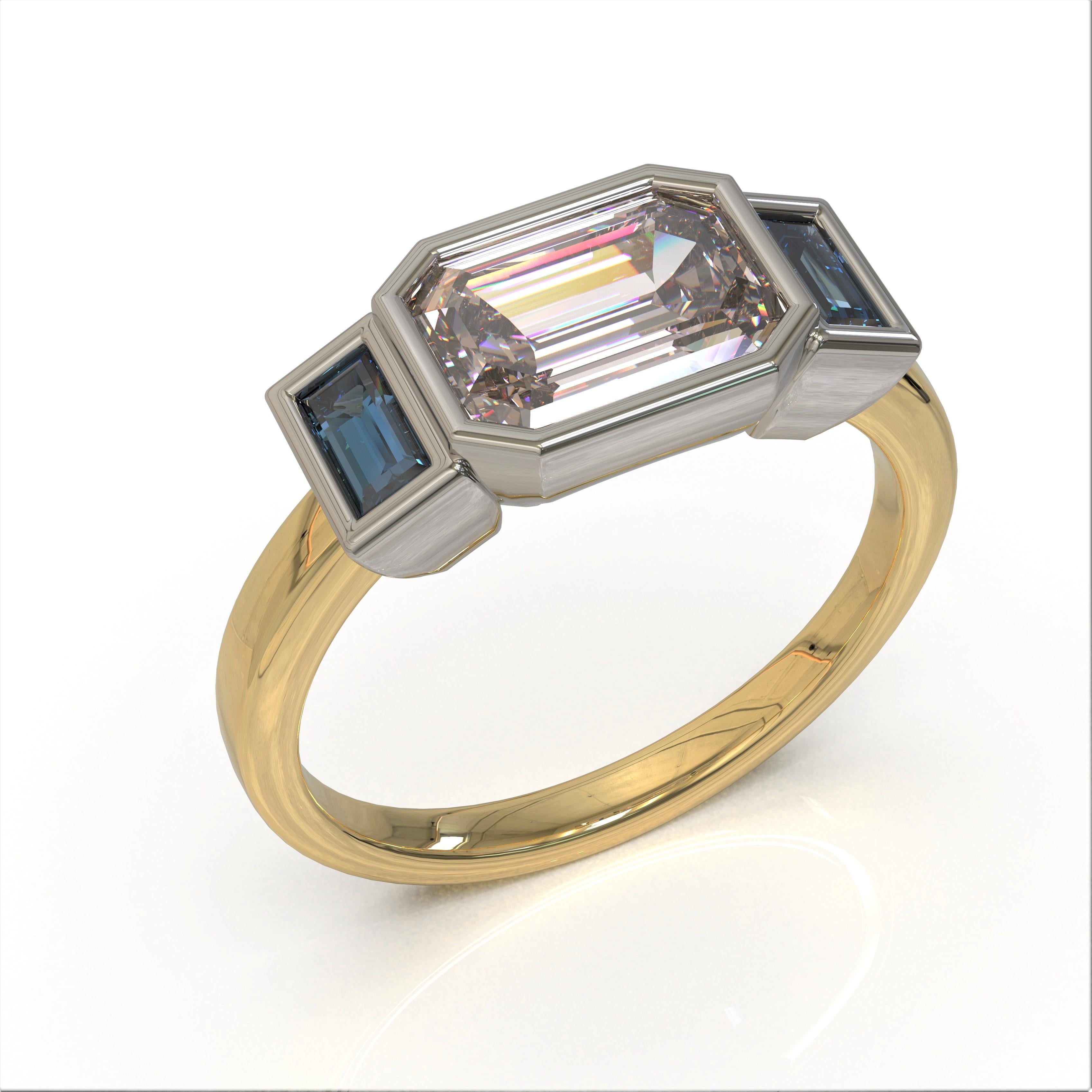 Art Deco Three Stones Emerald Cut 1.88 Carat Sapphire Engagement Ring in Platinum & Gold