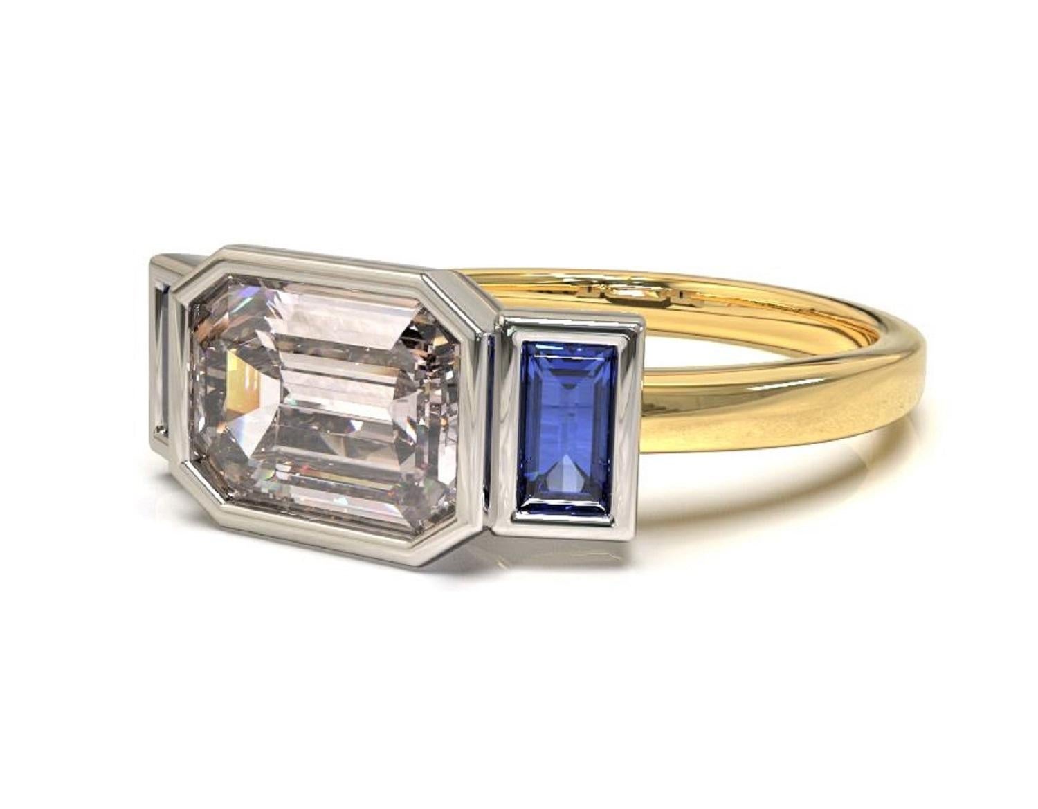 Three Stones Emerald Cut 1.88 Carat Sapphire Engagement Ring in Platinum & Gold In New Condition In South Perth, AU