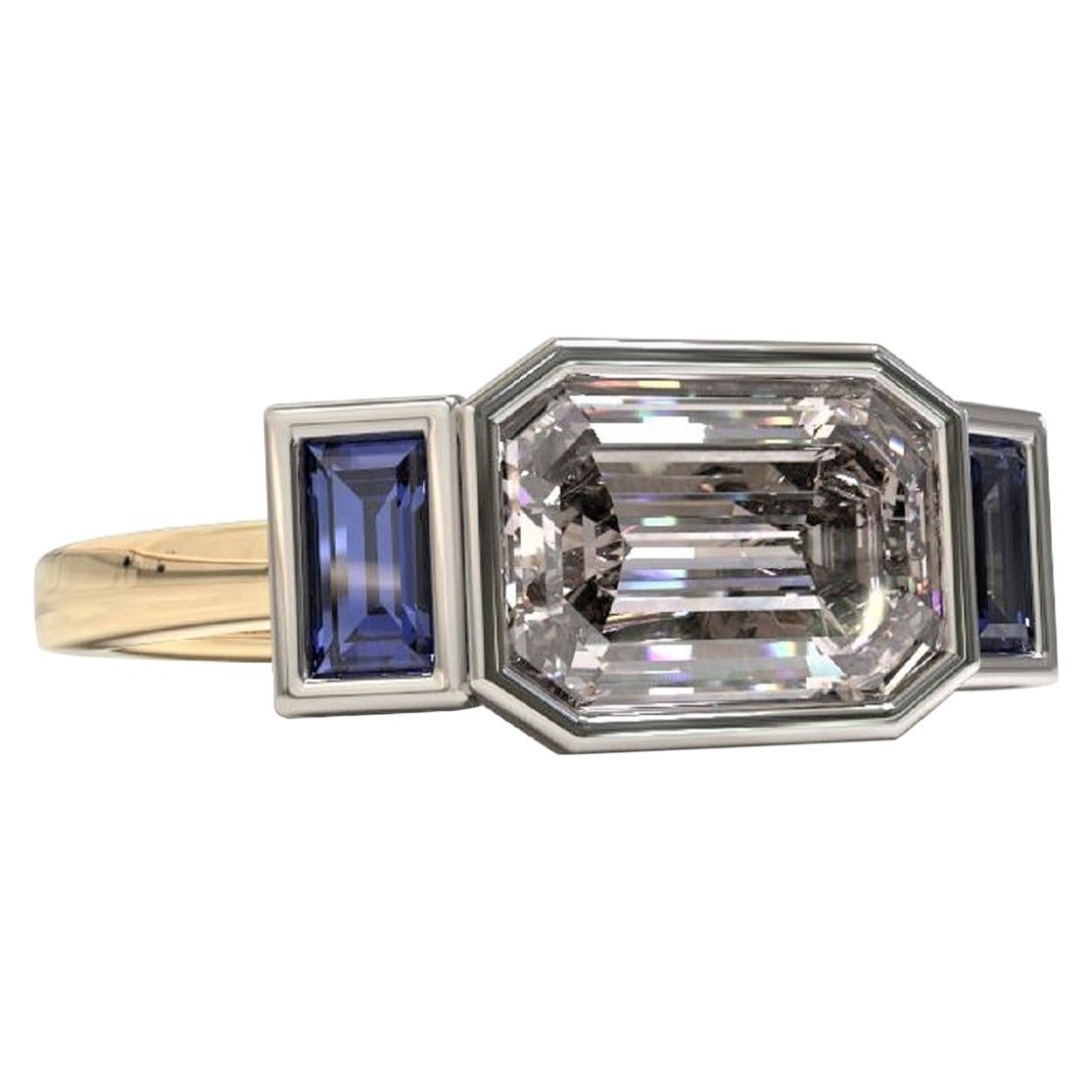Three Stones Emerald Cut 1.88 Carat Sapphire Engagement Ring in Platinum & Gold