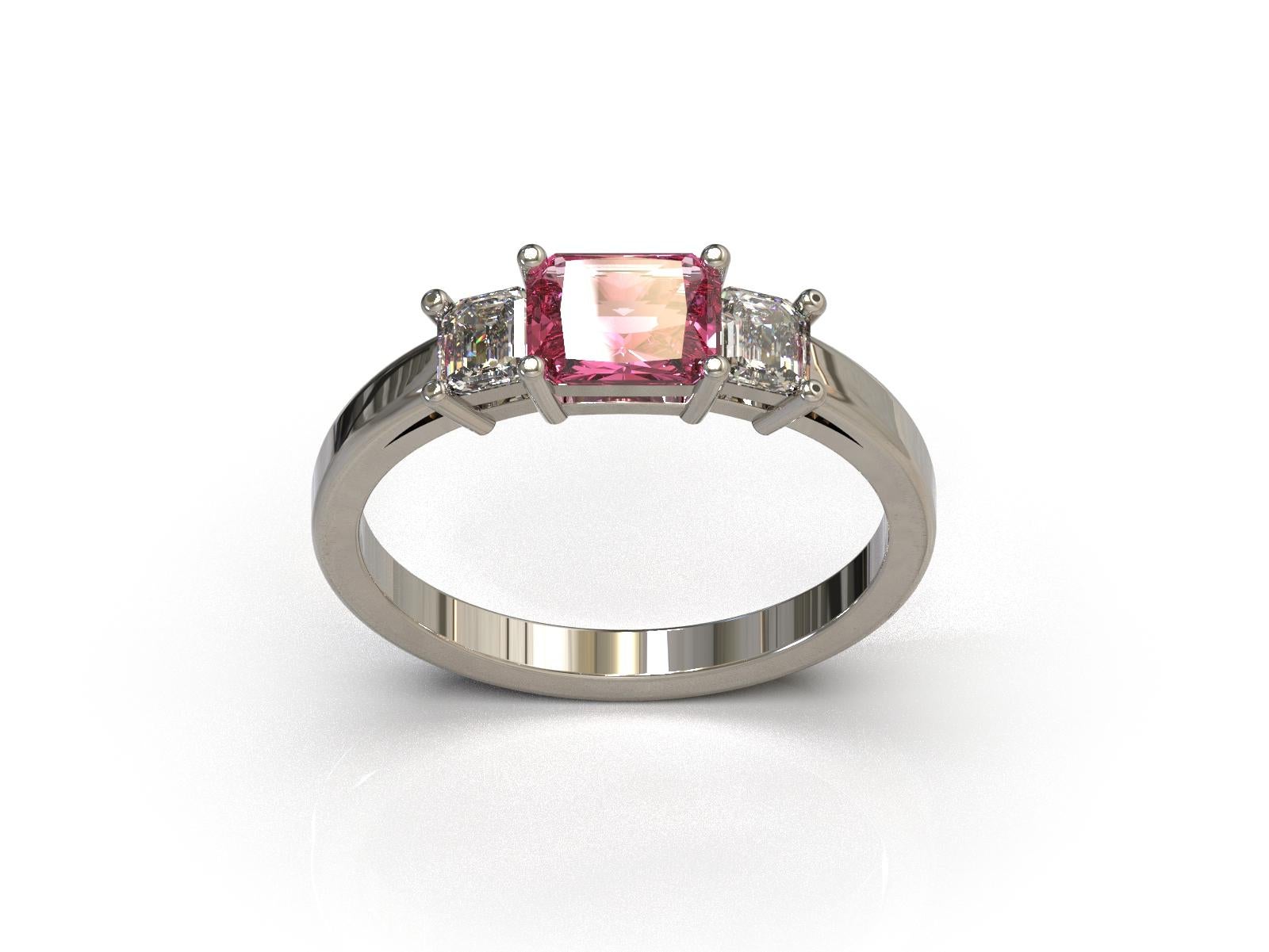 Art Deco Three Stones Radiant Cut Pink Sapphire and Emerald Cut Diamond in Platinum Ring
