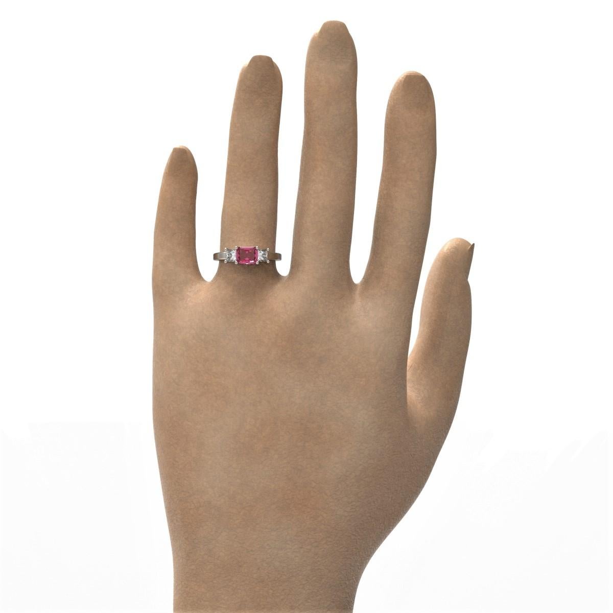 Women's Three Stones Radiant Cut Pink Sapphire and Emerald Cut Diamond in Platinum Ring