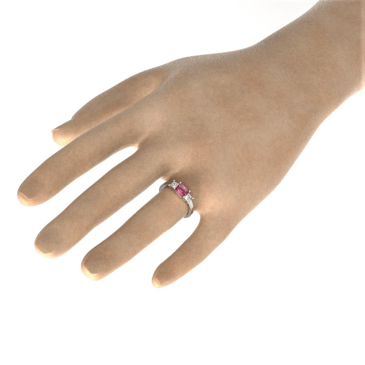 Three Stones Radiant Cut Pink Sapphire and Emerald Cut Diamond in Platinum Ring 1