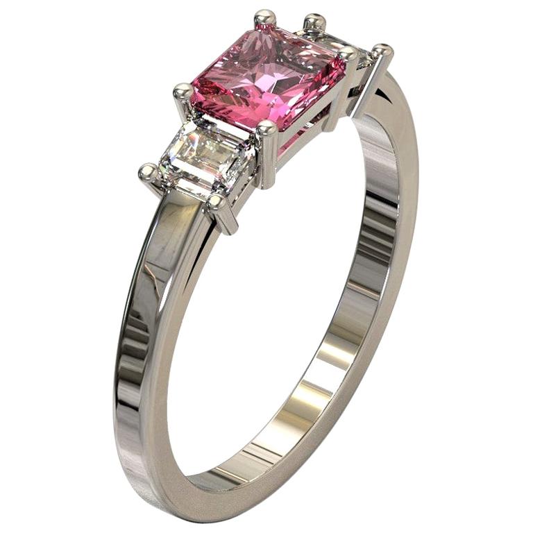 Three Stones Radiant Cut Pink Sapphire and Emerald Cut Diamond in Platinum Ring