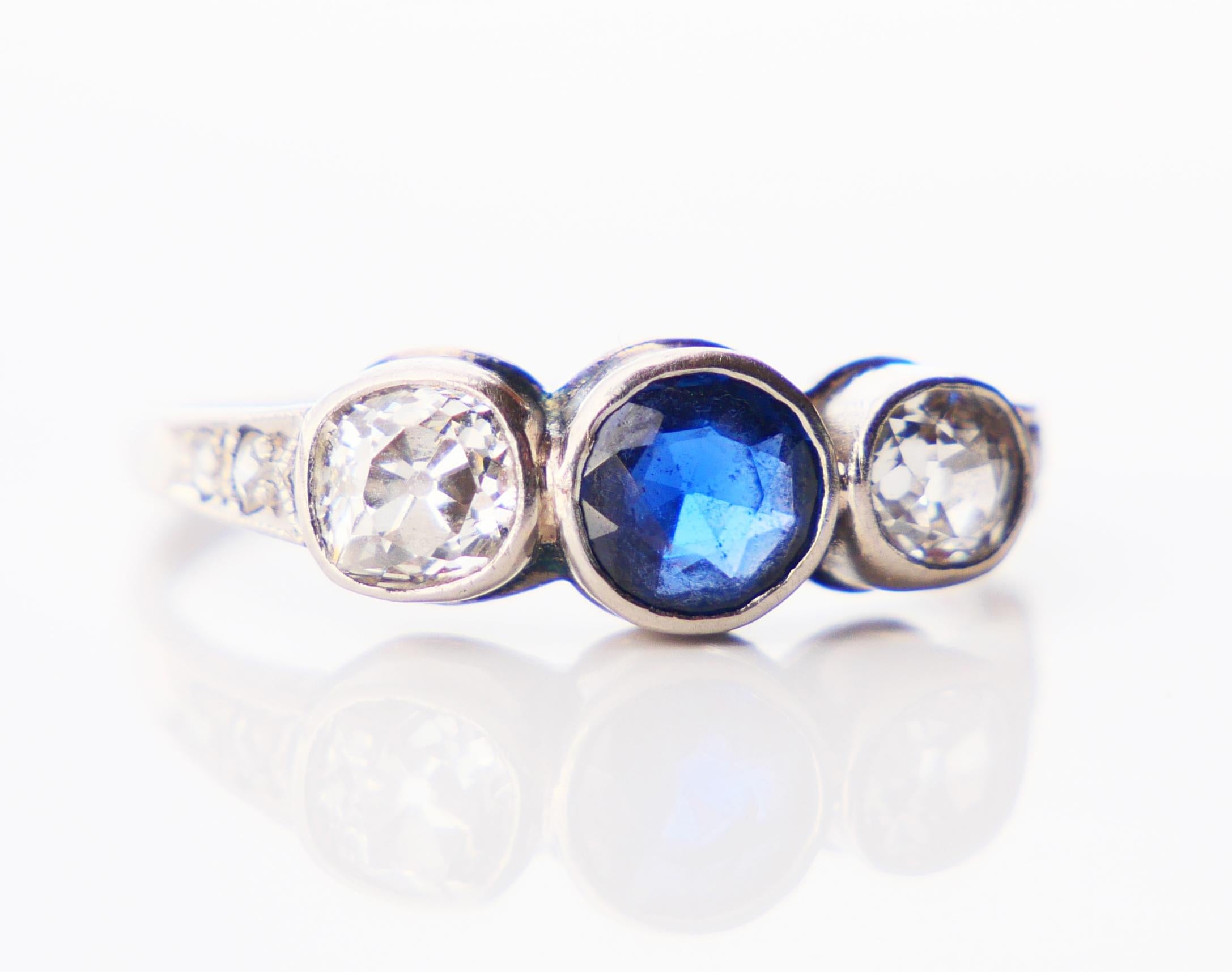Three Stones Ring 0.65 ct Sapphire 1ctw Diamonds solid White Gold ØUS6.75 /2.4gr For Sale 7