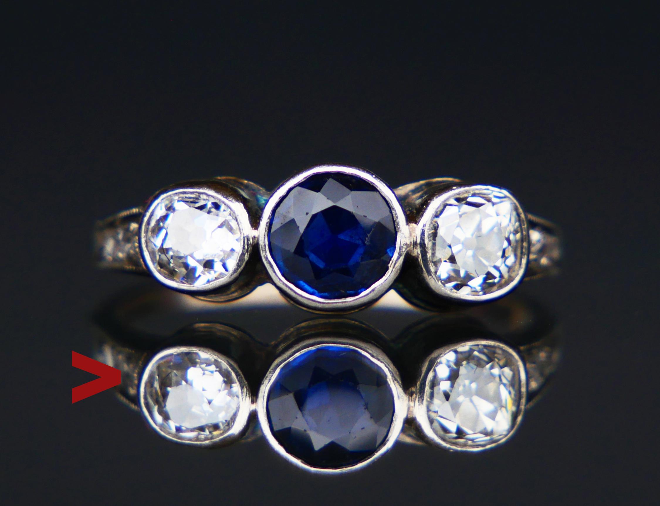 Beautiful Sapphire and Diamonds Ring made ca.1930s - 1950s.
Not hallmarked, metal tested solid 18K White Gold.

Crown: 15.5mm x 5.8mm x 3.05mm in depth.
Old Diamond cut natural Sapphire stone of medium intensity Blue color Ø 5mm x 2.35 mm deep /