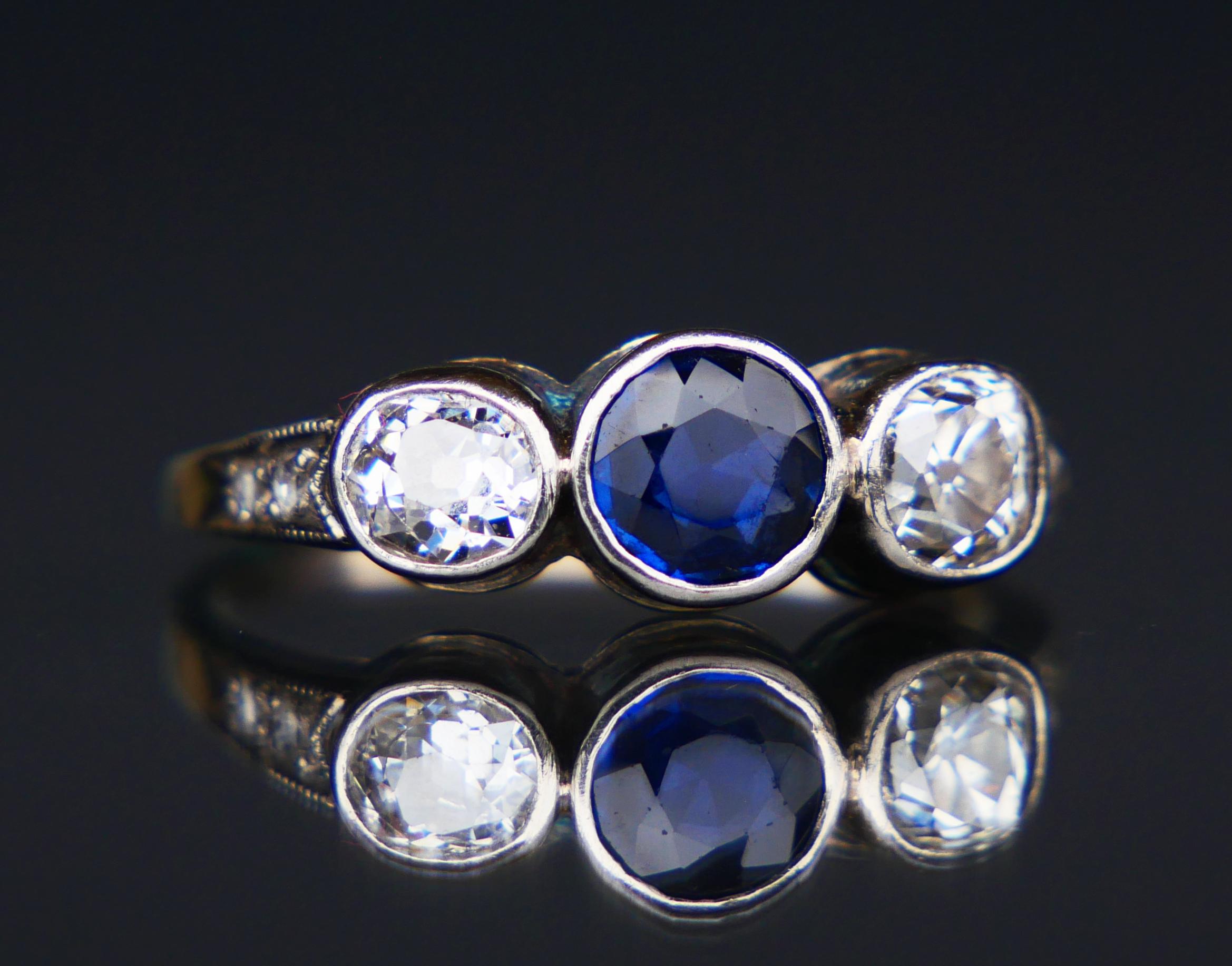 Art Nouveau Three Stones Ring 0.65 ct Sapphire 1ctw Diamonds solid White Gold ØUS6.75 /2.4gr For Sale