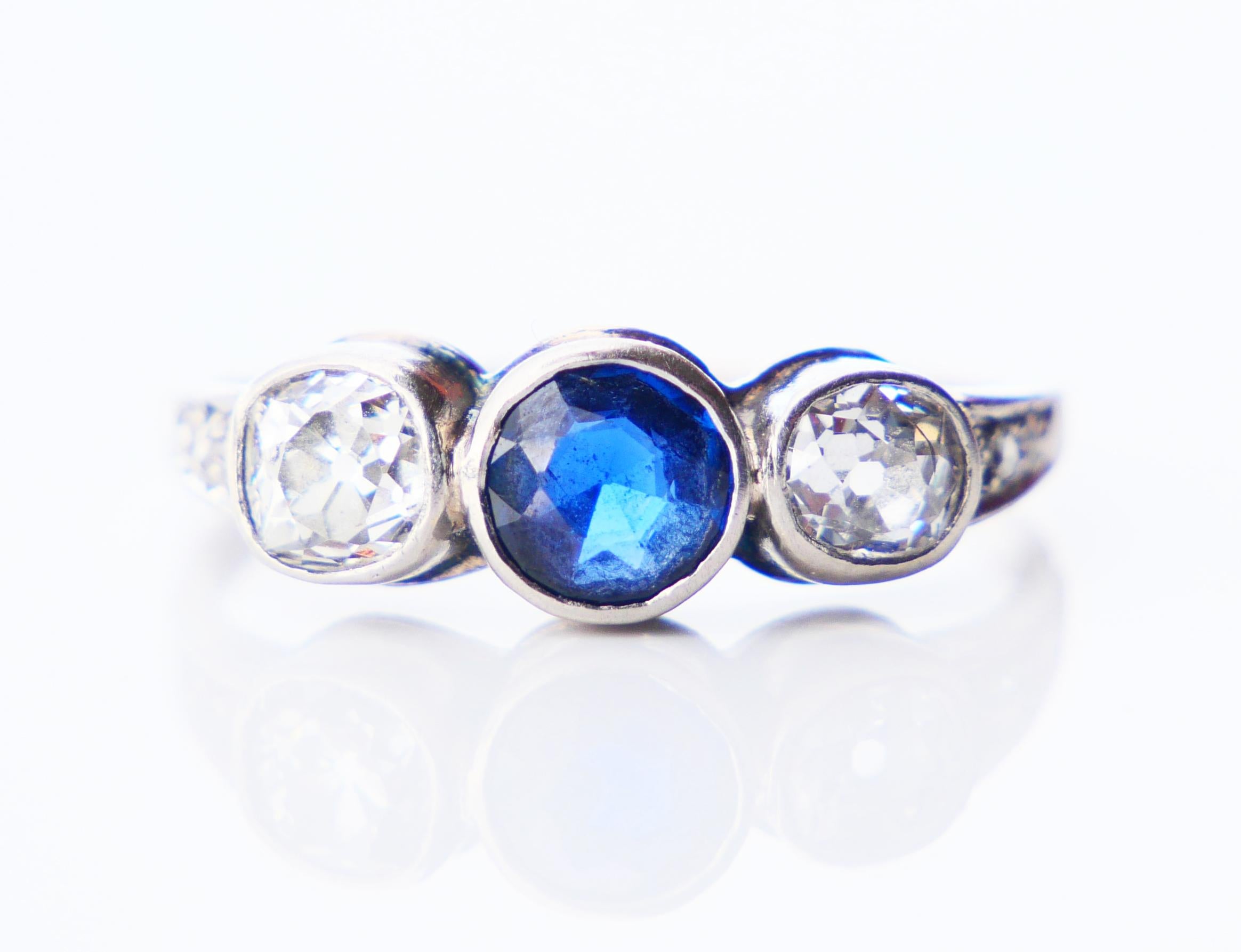 Three Stones Ring 0.65 ct Sapphire 1ctw Diamonds solid White Gold ØUS6.75 /2.4gr For Sale 4