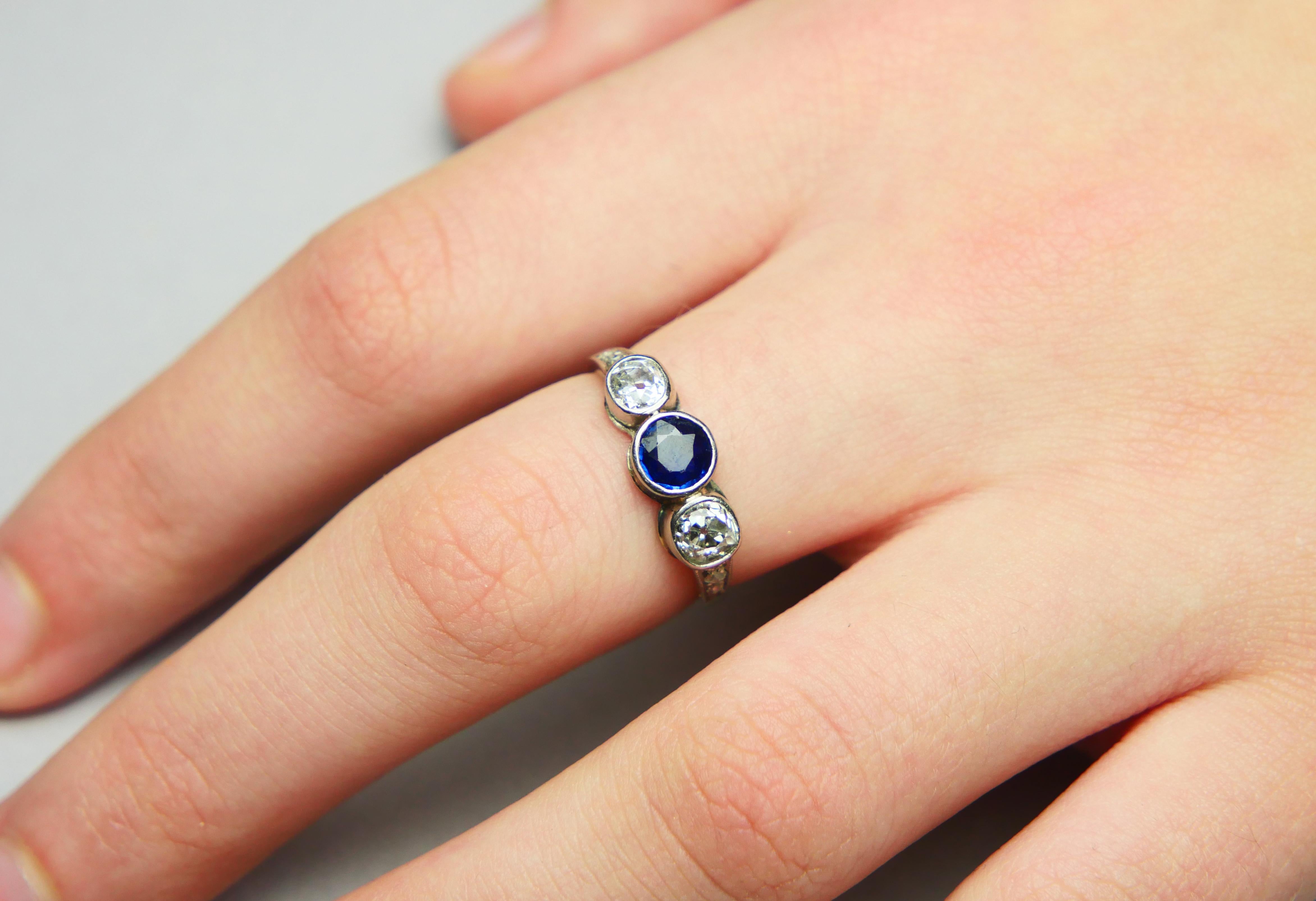 Three Stones Ring 0.65 ct Sapphire 1ctw Diamonds solid White Gold ØUS6.75 /2.4gr For Sale 2