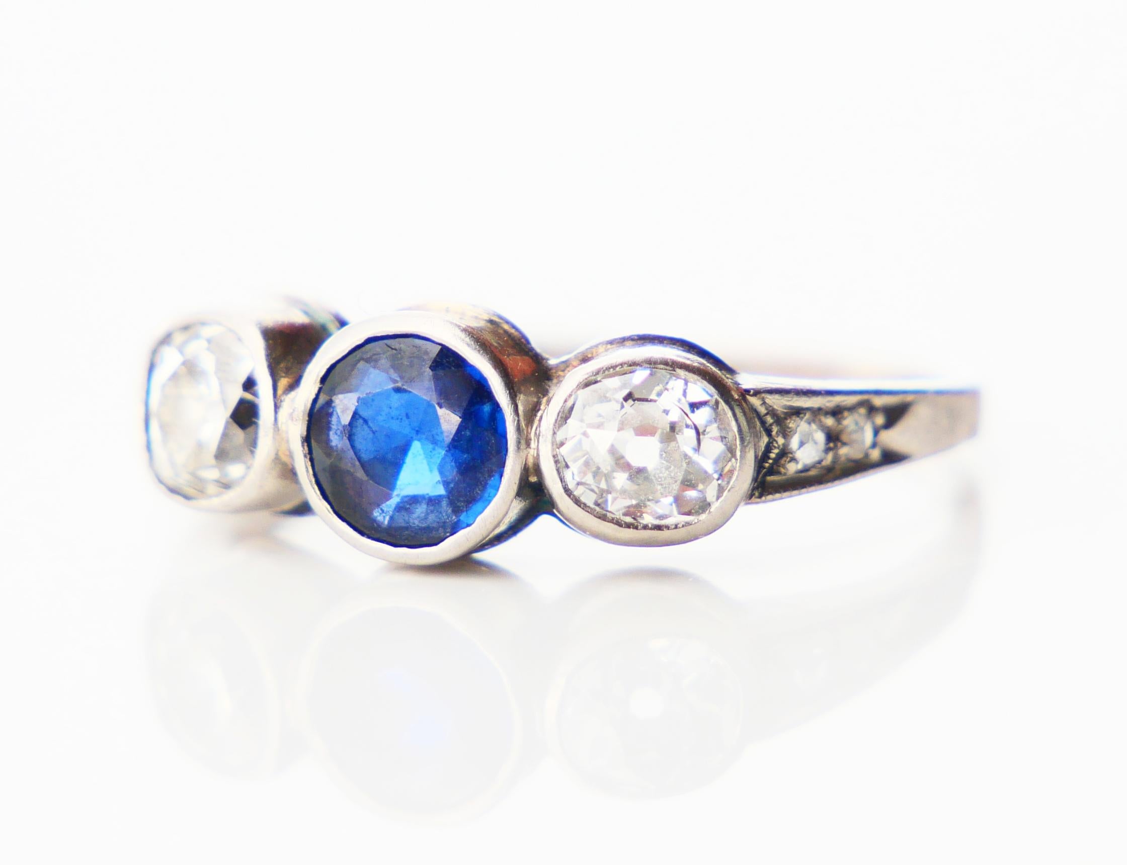 Three Stones Ring 0.65 ct Sapphire 1ctw Diamonds solid White Gold ØUS6.75 /2.4gr For Sale 5