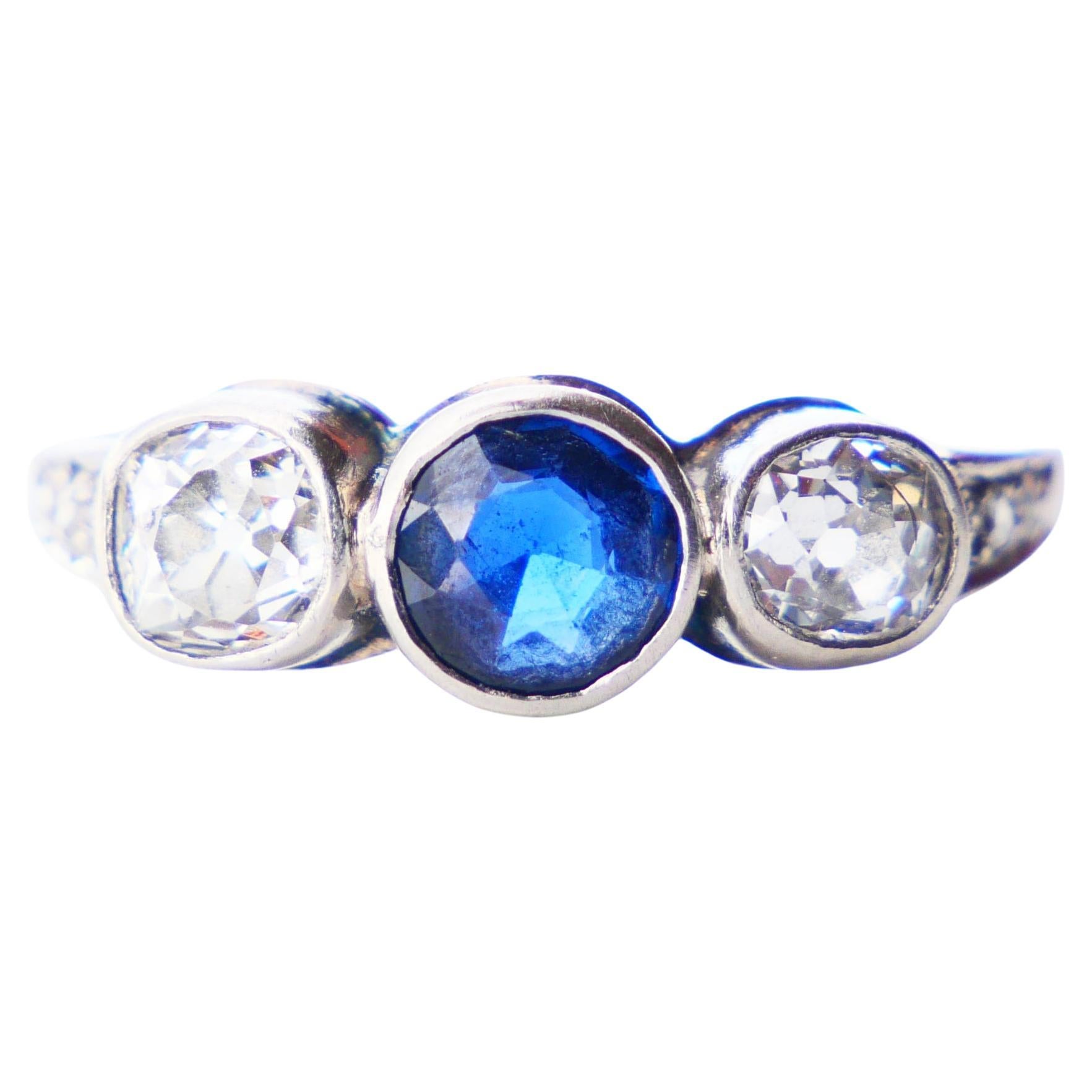 Three Stones Ring 0.65 ct Sapphire 1ctw Diamonds solid White Gold ØUS6.75 /2.4gr For Sale