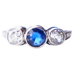 Vintage Three Stones Ring 0.65 ct Sapphire 1ctw Diamonds solid White Gold ØUS6.75 /2.4gr