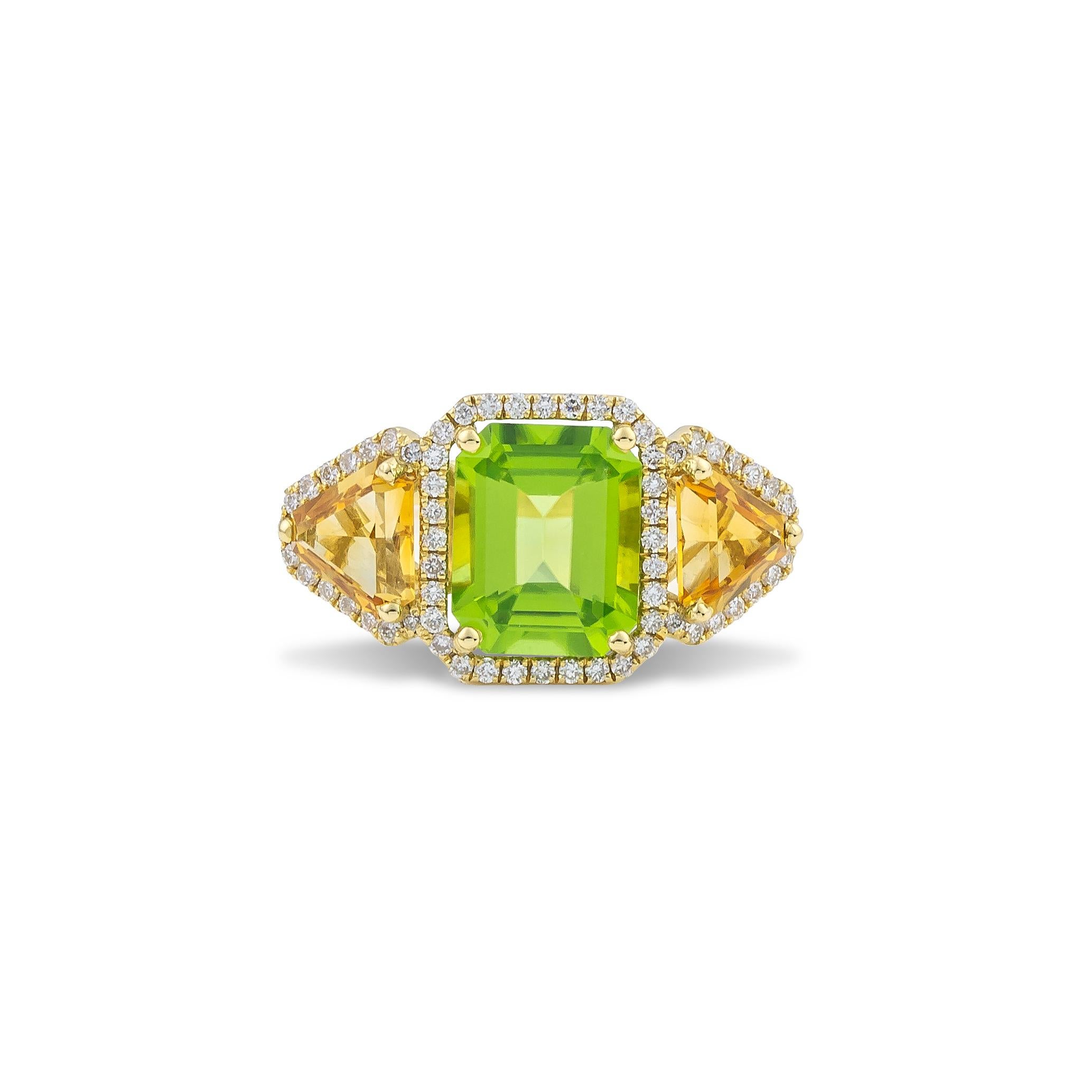 Modern Three Stones Ring 18Kt Gold Emerald Cut Green Peridot Trillion Citrines Diamonds For Sale