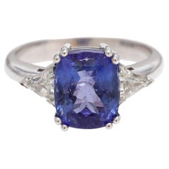 Three-Stones Ring Tanzanite Cushion Cut & Diamond White Gold 18 Karat