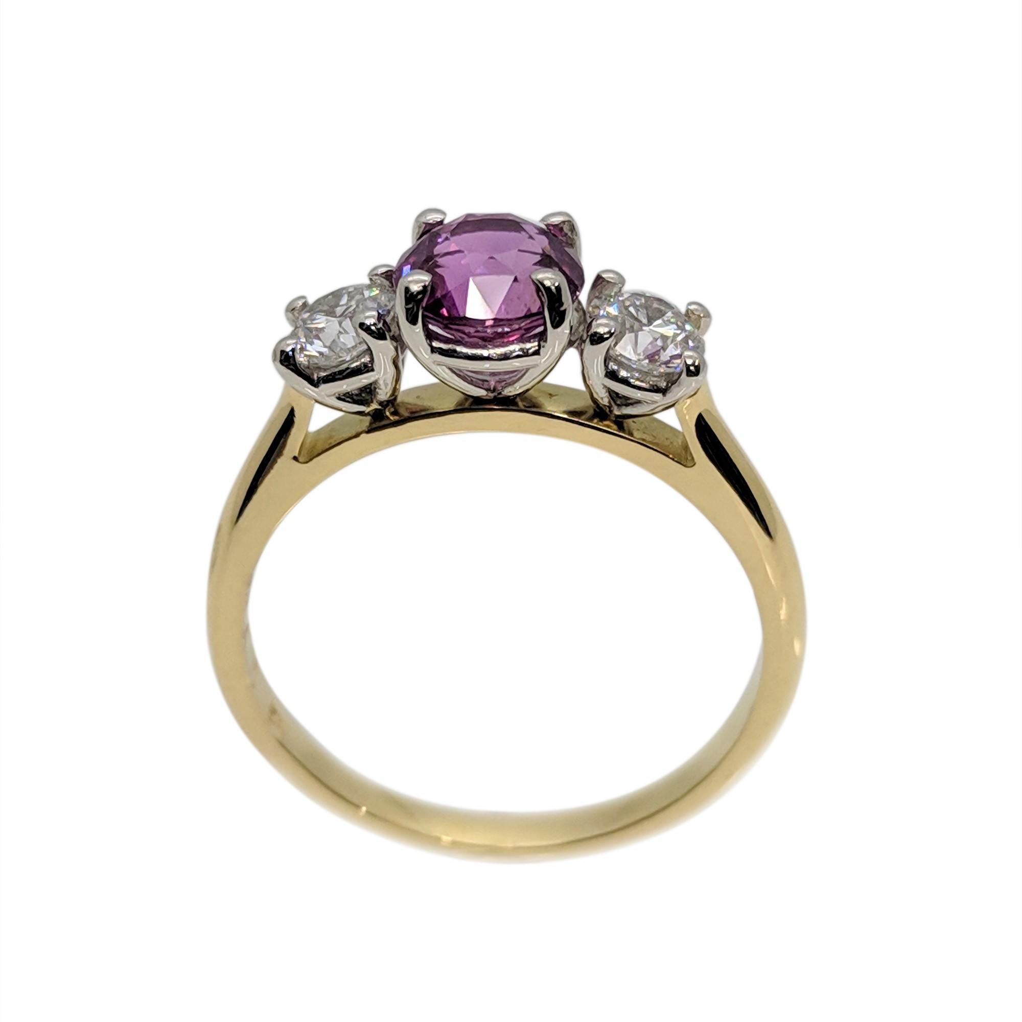 Three Stones Round Diamond Pink Sapphire Engagement Ring in 18 Carat Gold 1