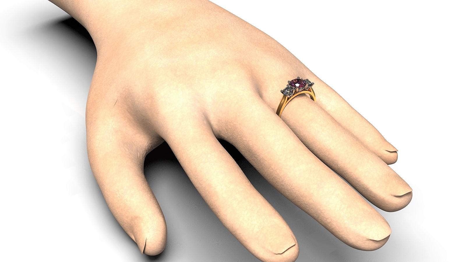Art Deco Three Stones Round Diamond Pink Sapphire Engagement Ring in 18 Carat Gold