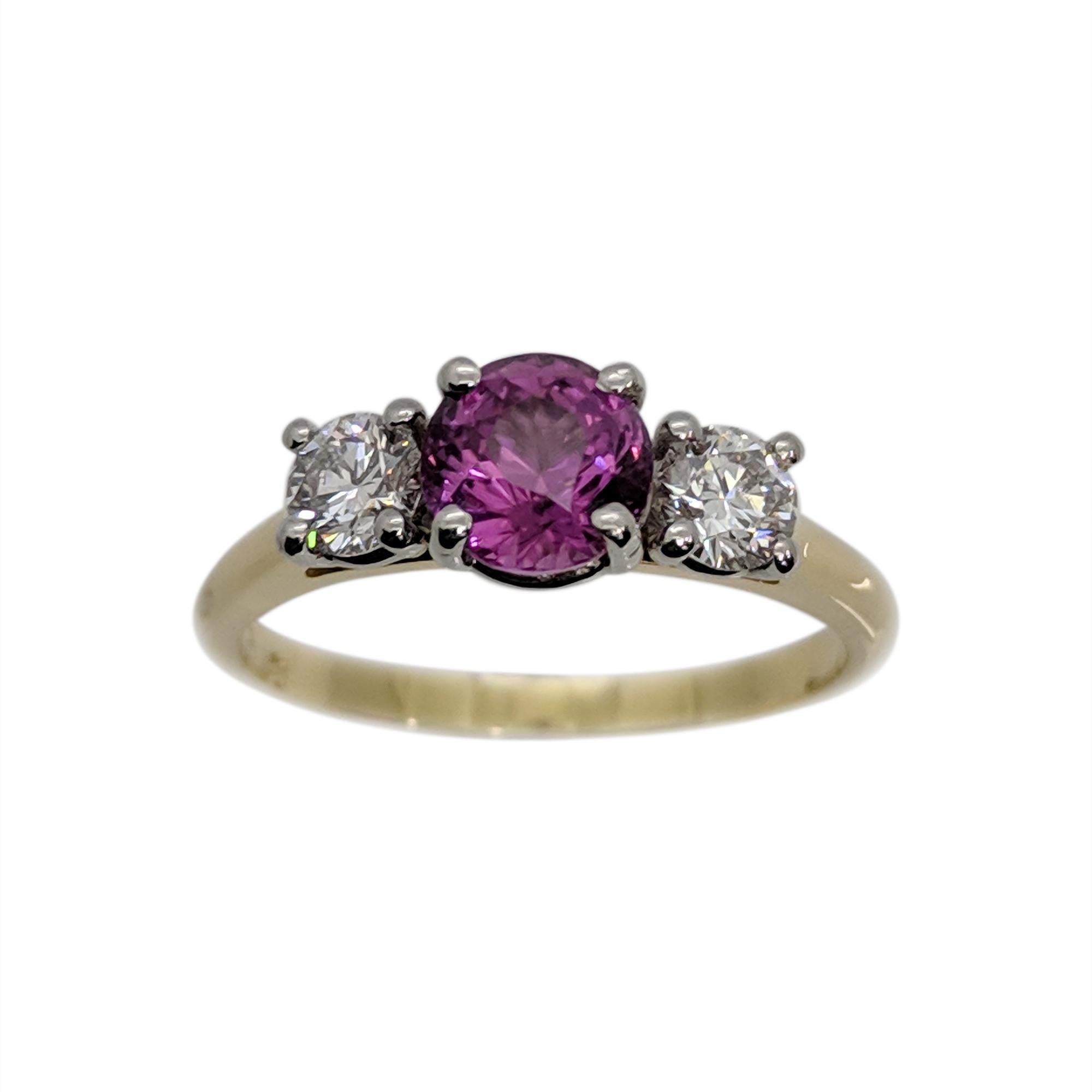 Round Cut Three Stones Round Diamond Pink Sapphire Engagement Ring in 18 Carat Gold