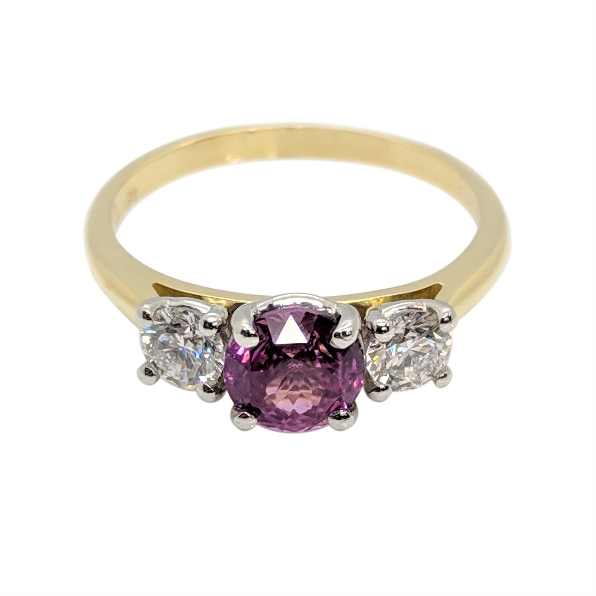Women's Three Stones Round Diamond Pink Sapphire Engagement Ring in 18 Carat Gold