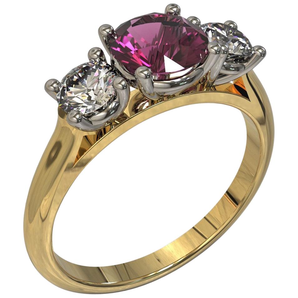 Three Stones Round Diamond Pink Sapphire Engagement Ring in 18 Carat Gold