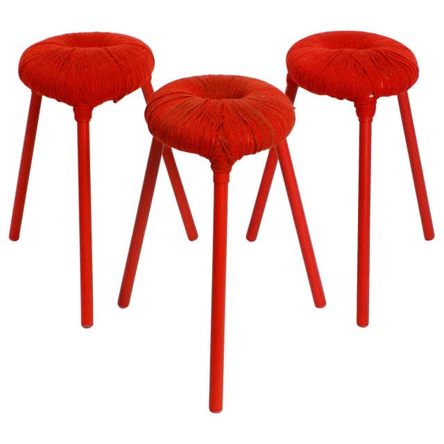 Ikea Rare Red Metal and Wool Three pod Stool, Model Eskilstuna, 1990s ...