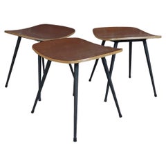 Three stools, teak and steel, Denamark 1950s