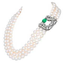 Three Strand 9mm Akoya Pearl Diamond Emerald Platinum Necklace